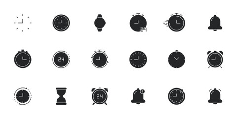 Clock And Timer Icon Set. Time Management, Alarm, And Stopwatch Silhouette Symbol Collection. Various Clock Designs For Scheduling And Reminders. Isolated Vector Illustration