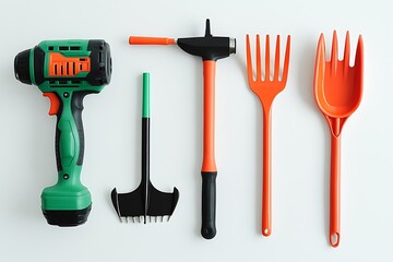 Garden and home repair tools assortment on clean white background