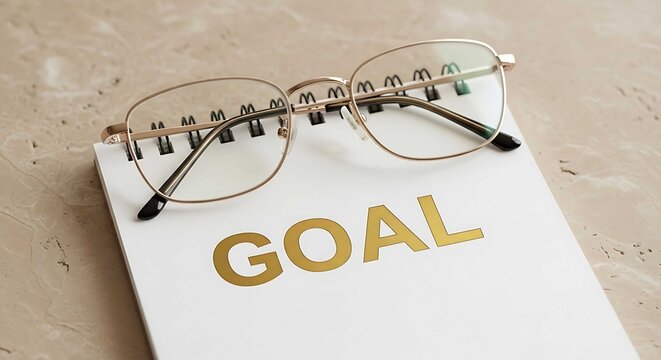 Glasses resting on a notepad with the word goal in gold lettering