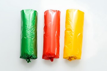 Colorful plastic trash bags arranged vertically on white background