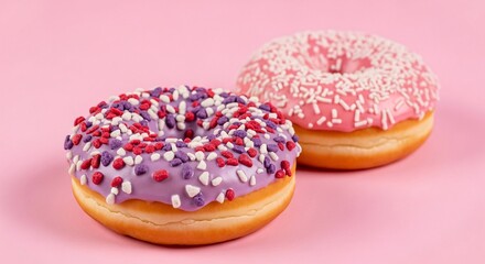 Two Glazed Donuts With Colorful Sprinkles On Pink Background Still Life Display Sweet Dessert Confectionery Treat Delicious Food