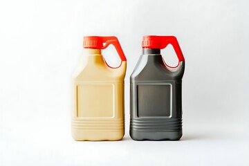 Two unlabeled plastic bottles with red caps on a white background