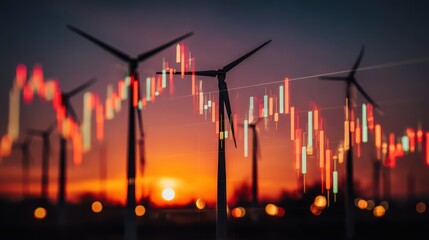 Wind energy development sunset landscape digital graphs renewable environment artistic viewpoint economic concept