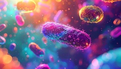 Colorful microscopic organisms float amidst swirling hues, showcasing cellular biology in vibrant detail