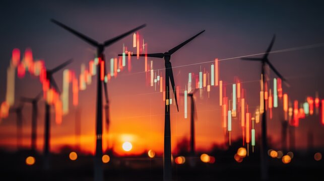Wind energy development sunset landscape digital graphs renewable environment artistic viewpoint economic concept