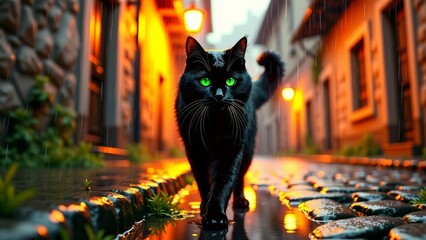Black cat walking on rainy cobblestone street