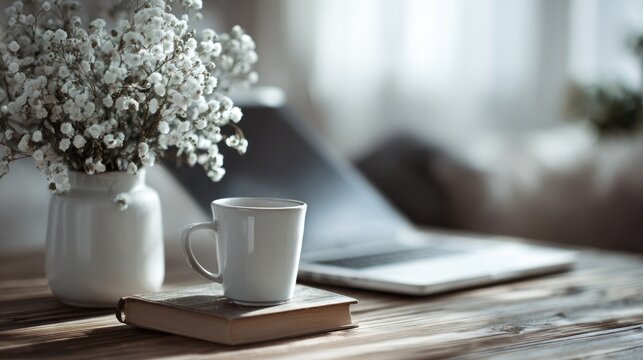 Cozy Workspace Scene with Flowers, Coffee and Laptop on Wooden Desk
