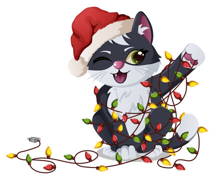 Playful Christmas Kitten Wearing Santa Hat Tangled in Colorful Holiday Lights &ndash; Cute Festive Cat Illustration
