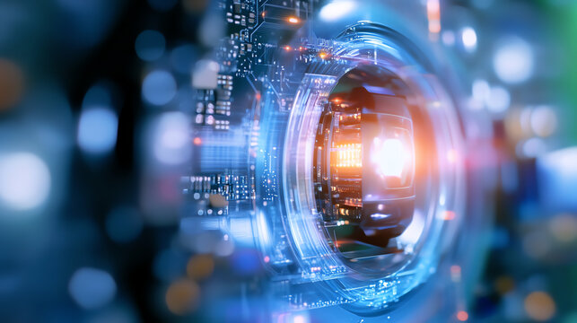 Close-up of a futuristic camera lens showcasing intricate digital circuits and vibrant lights, representing advanced technology.