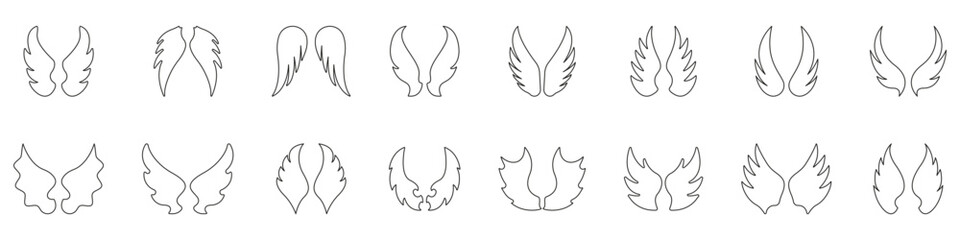 Wing Outline Variations Line Icon Set. Collection Of Hand-Drawn Wing Shapes. Flight, Lightness, Fantasy And Spiritual Concepts. Editable Stroke. Isolated Vector Illustration
