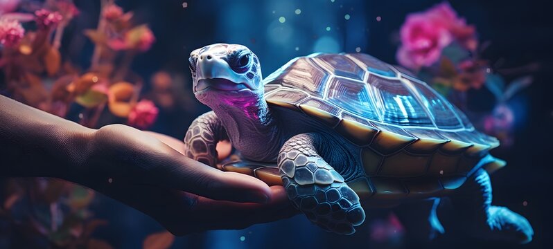 A turtle , a small creature made of glass that is sitting in the palm of your hand,generative AI