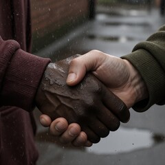 Two hands, two worlds, one firm shake—no flags, no words, just pure human connection. A moment of unity between cultures, captured in perfect detail: skin tones, textures, light, and quiet dignity. Th