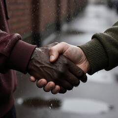 Two hands, two worlds, one firm shake—no flags, no words, just pure human connection. A moment of unity between cultures, captured in perfect detail: skin tones, textures, light, and quiet dignity. Th