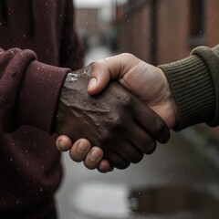 Two hands, two worlds, one firm shake—no flags, no words, just pure human connection. A moment of unity between cultures, captured in perfect detail: skin tones, textures, light, and quiet dignity. Th