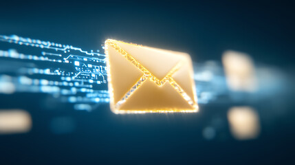 Digital envelope symbolizing fast email communication with glowing effects and blue abstract background.