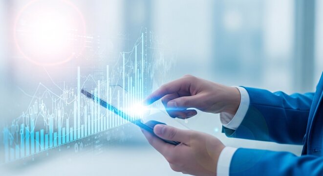 Financial Analyst Using Tablet with Stock Market Data Overlay Analyzing Investment Trends and Planning Strategy in Modern Office Space 150chr