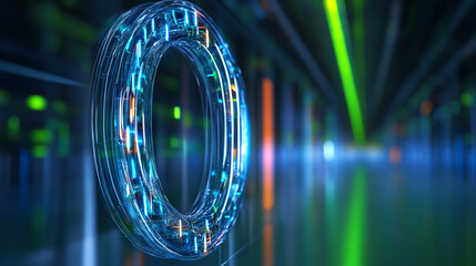 Futuristic digital circle with glowing blue lights, representing advanced technology in a cyber environment.