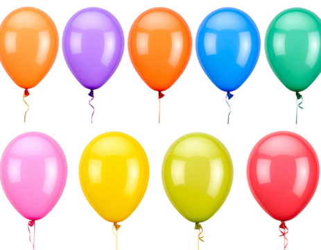 Ten colorful balloons floating isolated on black
