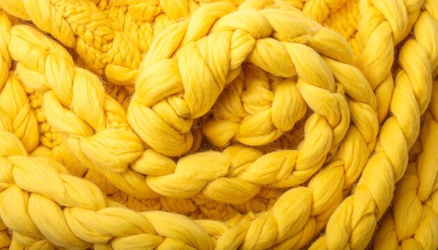 Close-up of a coiled, bright yellow, chunky knitted yarn material creating an abstract spiral pattern