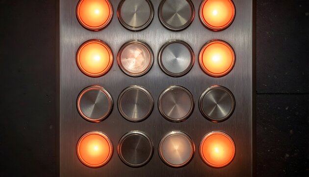 Close-up view of illuminated control panel with circular buttons glowing in dimly lit environment