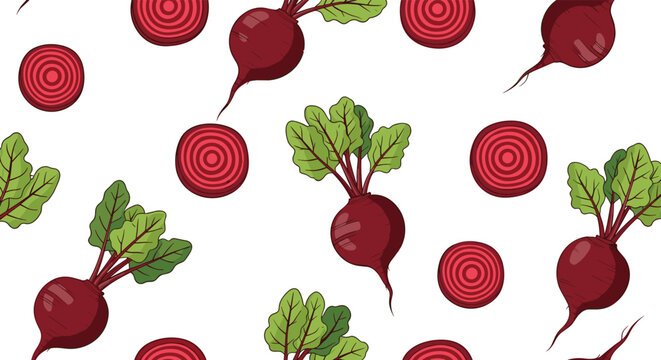Vibrant, hand-drawn pattern featuring fresh red beets with green foliage and circular beet slices scattered across a clean white backdrop.