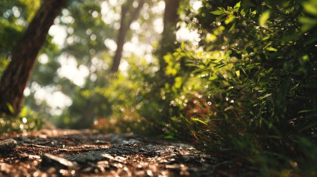 Sunlit forest floor with vibrant greenery creating a peaceful outdoor scene