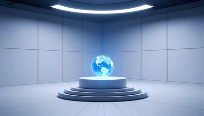 Futuristic room featuring a glowing globe on a pedestal, illuminated by overhead lights, symbolizing global unity