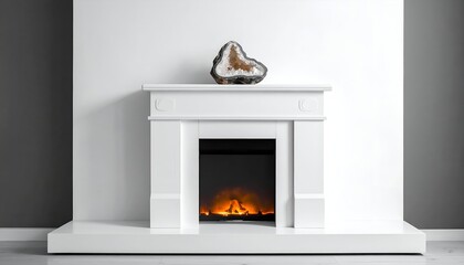 Modern fireplace with a decorative stone on the mantelpiece, creating a cozy atmosphere in a minimalist room