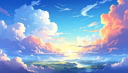 Cartoonish, sunlit vista with large clouds in bright blue sky over green land with water cutting through