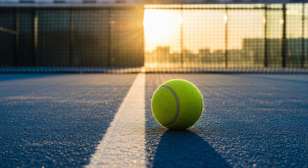 Tennis Ball on Blue Court Line at Sunset with Sun Flare