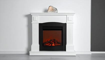 Modern electric fireplace with glowing embers, set against a minimalist white wall in a cozy living room