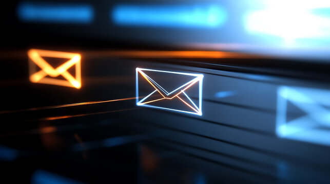 Futuristic email icons glowing in neon colors, representing digital communication and connectivity in the modern age. - Powered by Adobe