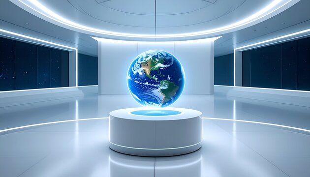 Futuristic exhibition space featuring a glowing globe on a pedestal with sleek, modern design elements
