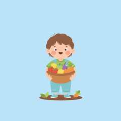 An illustration of a boy holding a basket full of fruit and vegetables on a small plot of land, on a light blue background.