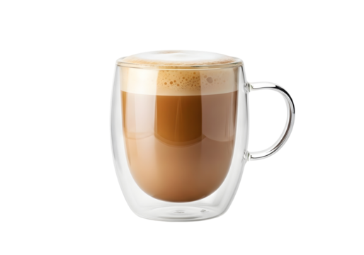 Double walled glass mug filled with hot coffee and foam isolated on transparent background - Powered by Adobe