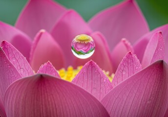 Close up of a pink lotus flower with a water droplet reflection
