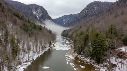 Fototapeta premium Winter landscape action river valley aerial view smoky mountains nature photography scenic beauty