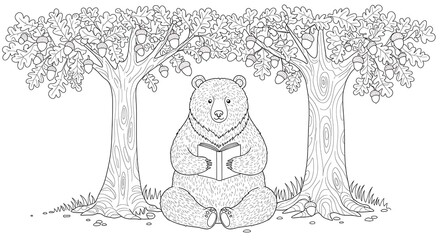 Bear Reading Book Under Trees Coloring Page.