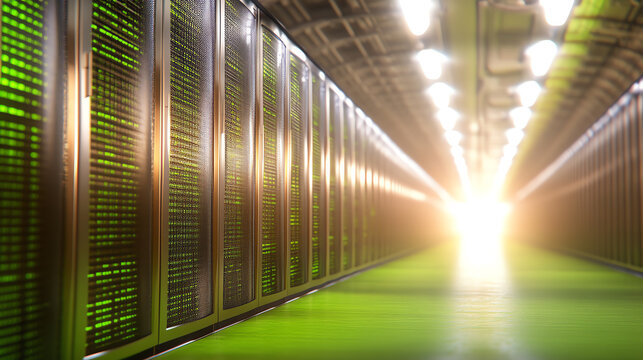 Server Room Corridor: A digital panorama unfolds, the luminous glow from the end of the aisle casts a mesmerizing light across a sleek server room, where rows of powerful servers hum.