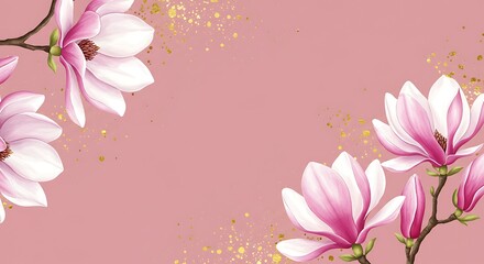 Beautiful Pink Magnolia Flowers on a Soft Rose Background with Golden Glitter Accents.