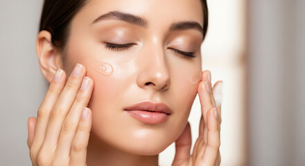 Woman Applying Serum to Face with Gentle Hands, Skincare Routine, Close-up Portrait