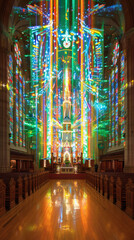 Obraz premium Vibrant stained glass illuminating majestic church interior with colorful light rays