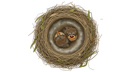 Two baby birds in a nest with open beaks isolated on transparent background