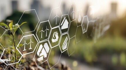 Sustainable innovation in urban environments eco-technology visuals cityscape nature integration green solutions