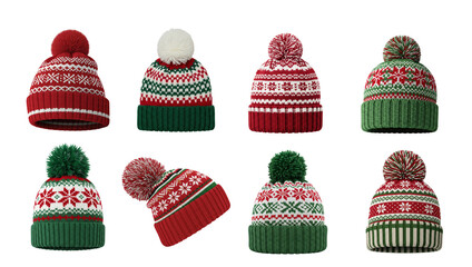 Cheerful PNG winter hats collection with designs, and traditional holiday patterns on transparent background