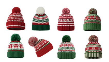 Cheerful PNG winter hats collection with designs, and traditional holiday patterns on transparent background
