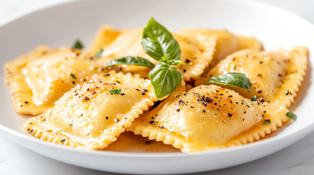 Delicious Ravioli: A close-up shot of a plate of perfectly cooked ravioli, garnished with fresh basil leaves. The pasta is golden, with flecks of black pepper, tempting all senses.
