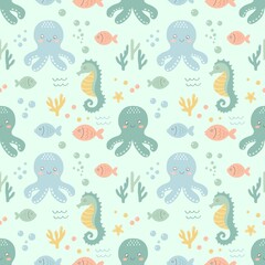 Cute sea animals hand drawn seamless pattern on the pastel mint background 