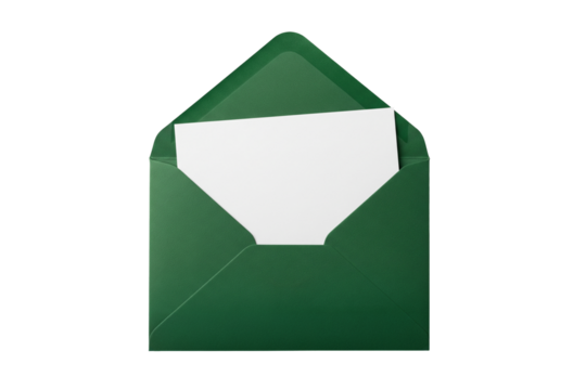 Open dark green envelope containing a blank white card, ideal for holiday messages, invitations, or greetings on transparent background