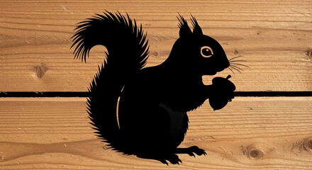 Black squirrel silhouette holding an acorn on a rustic wooden background.